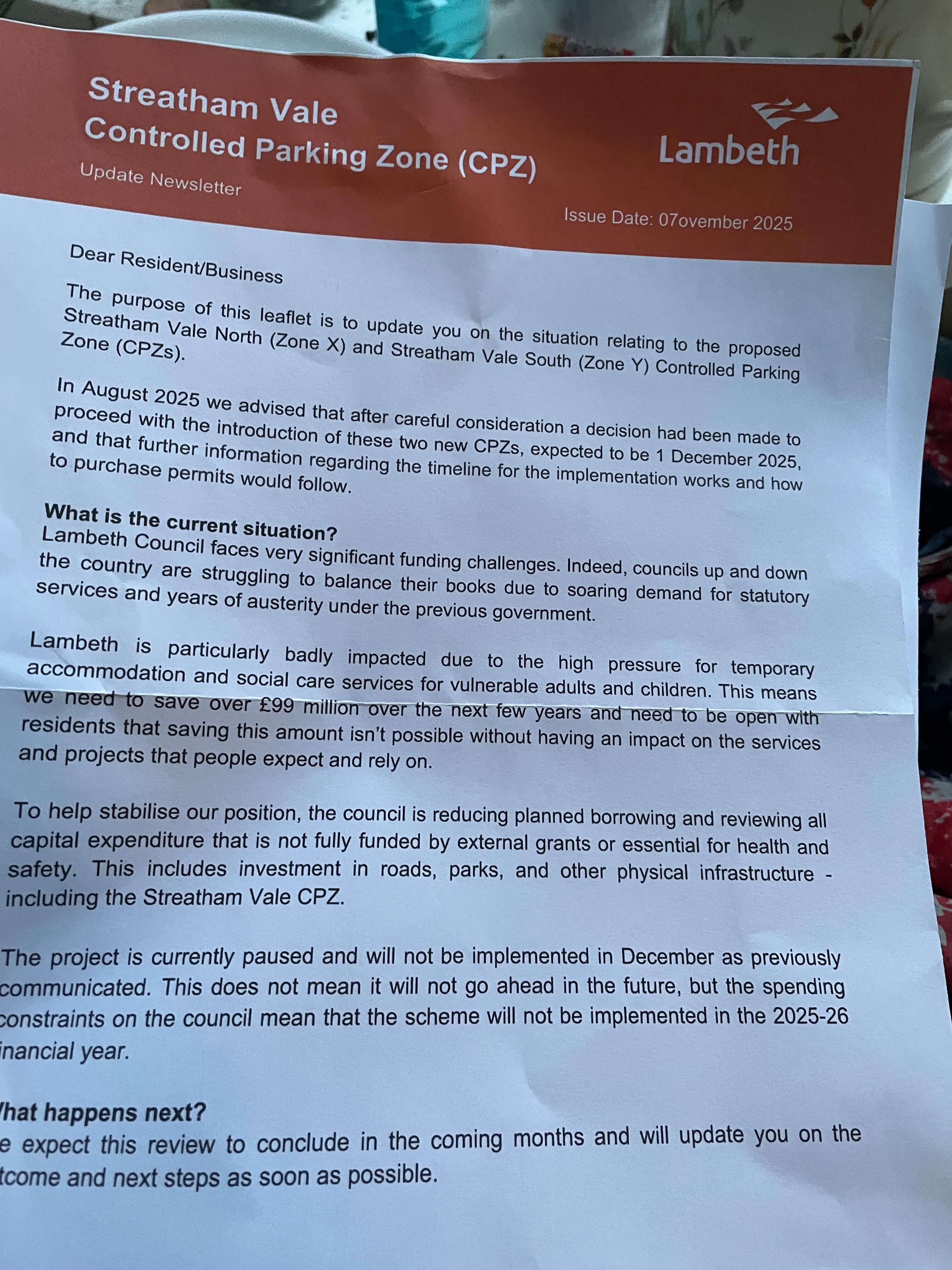 Lambeth Suspends Streatham Wells CPZ rollout indefinitely